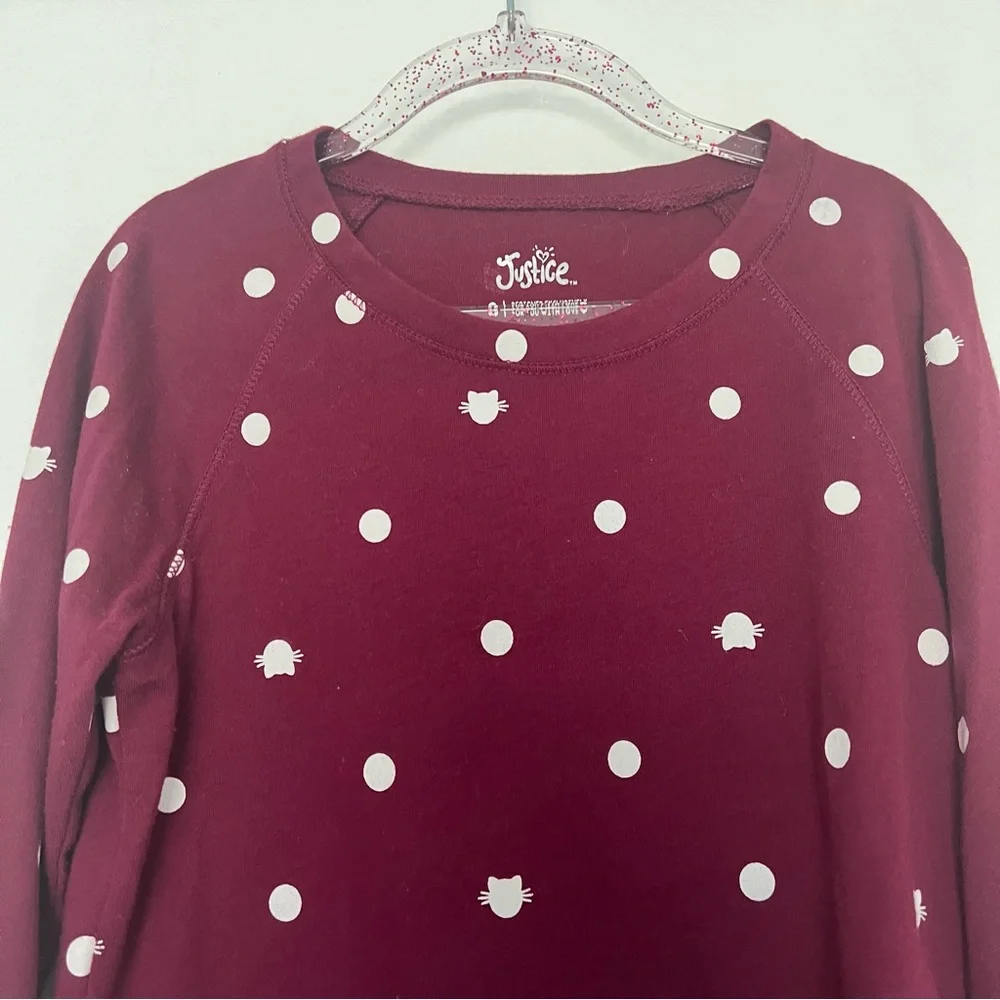 Justice‎ Long Sleeve Tee Maroon Cat polka dot Size 8